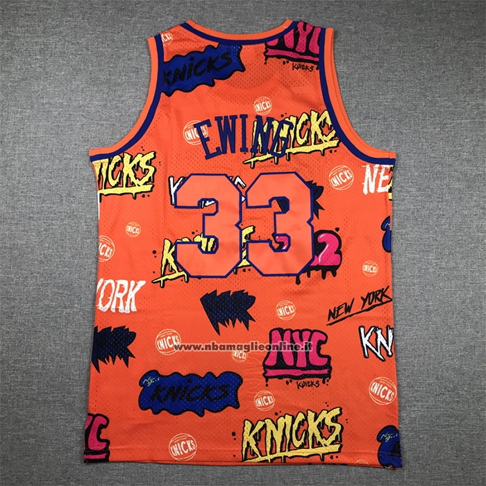 Maglia New York Knicks Patrick Ewing #33 Slap Sticker Mitchell & Ness 1991-92 Arancione